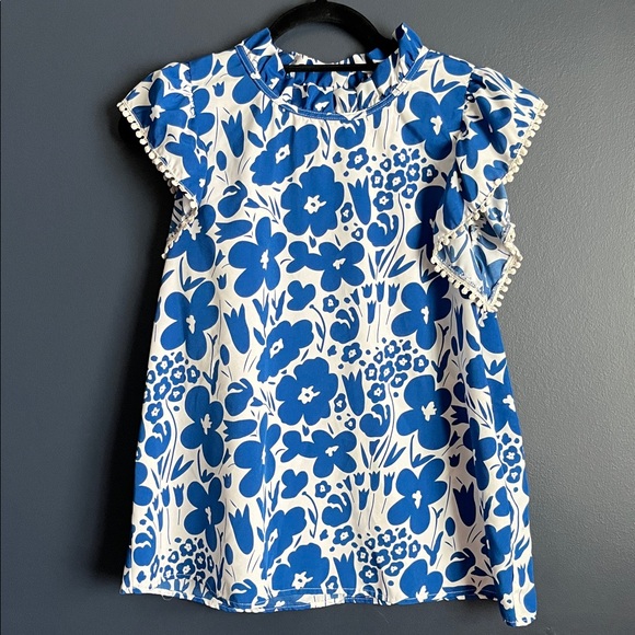 THML Tops - Women’s Blue Floral Ruffle Sleeve Top
